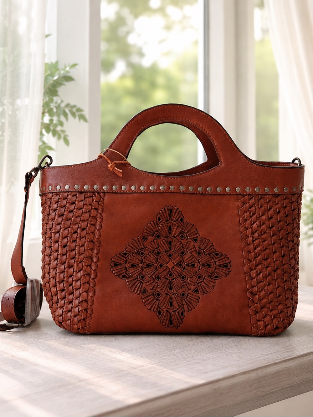 Made in India Woven Brown Leather Med Handbag Crossbody Metal Studs Unique